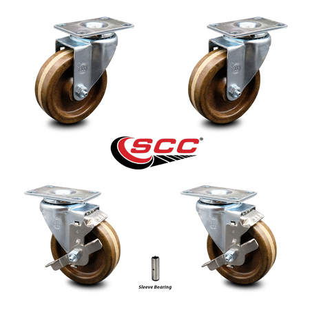 Service Caster 4 Inch High Temp Phenolic Wheel Swivel Top Plate Caster Set with 2 Brakes SCC SCC-20S414-PHSHT-2-TLB-2